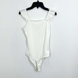 Walking on Sunshine White Ribbed Bodysuit Tank Ruffle Sleeve Summer Brunch NWT‎
